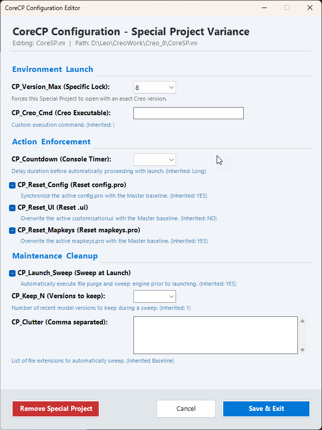 Special Project configuration editor